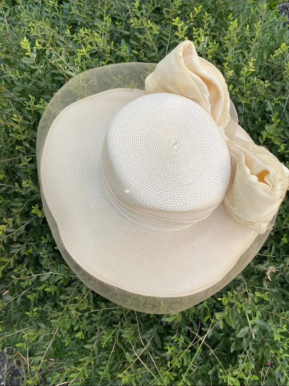 Vintage Jodi G for Sylvia Creamy Yellow Sun Hat with Ribbon Trim Kentucky Derby